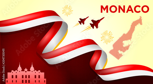 Photos Monaco National Day Background with Waving Flag Ribbon, Monaco Map and Skyline V