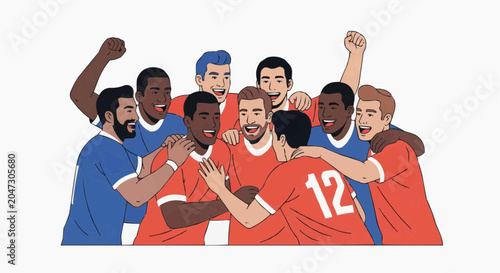 Diverse football players celebrate during the world football tournament with fists raised and arms around each other in unity and joy.