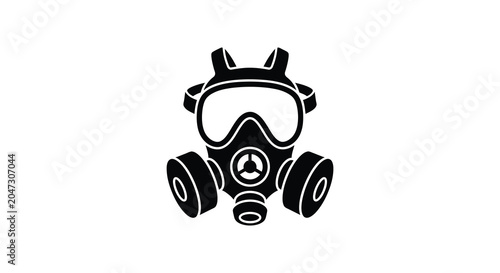 Fotografie Gas mask with circular filters and eye lenses black silhouette respirator protec