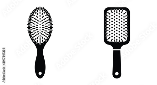 Two Hair Brushes In Black Silhouette Against A White Background Silhouette hairbrush brush combing grooming