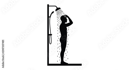 Man Taking A Shower With Showerhead Black Silhouette male person human showering bathroom bathing hygiene