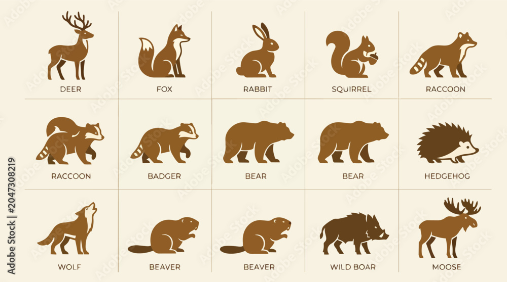 Obraz premium Collection of various wild forest animals in brown silhouette.