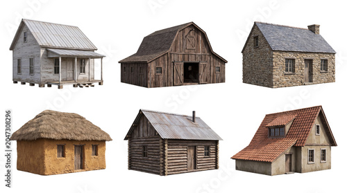 Schilderij op canvas Various historical and rustic buildings 3D render isolated on a transparent background