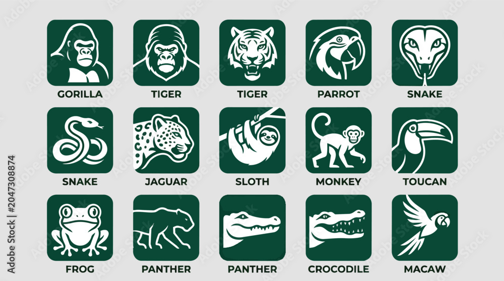 Fototapeta premium Collection of stylized green icons representing various jungle animals with their names below.