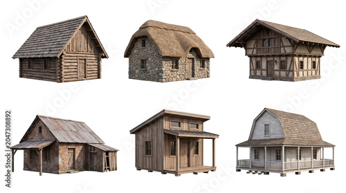 Schilderij op canvas A compelling 3D render of rustic and old-world house models, showcasing traditional architectural styles