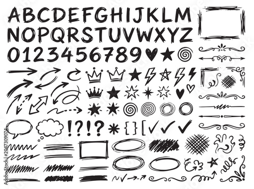 Hand drawn alphabet numbers and doodle elements set brush stroke arrows dividers frames and icons vector collection