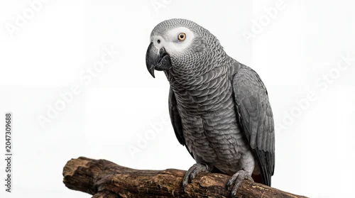 Fototapeta Intelligent African Grey Parrot Perched on a Wooden Branch, High-Detail Studio Portrait of Psittacus Erithacus Isolated on White Background
