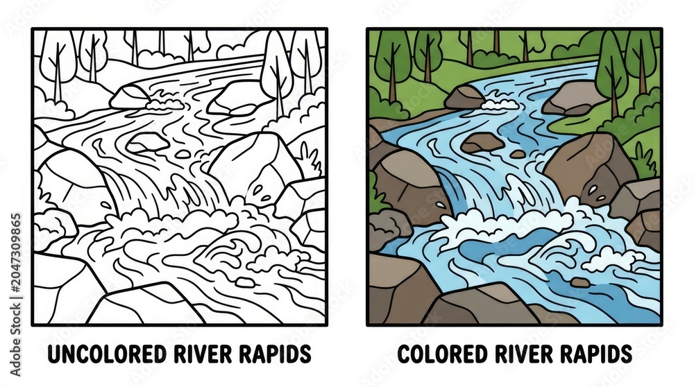 Obraz premium Cartoon River Rapids Uncolored and Colored Illustrations of Natures Beauty.