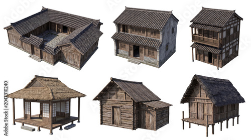 Schilderij op canvas A compelling 3D render of traditional Asian-style house models, showcasing diverse architectural designs