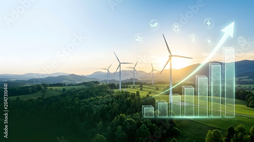 Renewable energy investment concept with wind turbines, glowing growth chart and eco icons in green landscape