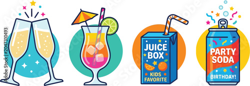 Bild auf Leinwand Colorful Party Drink Icons with Champagne Cocktail Juice Box and Soda