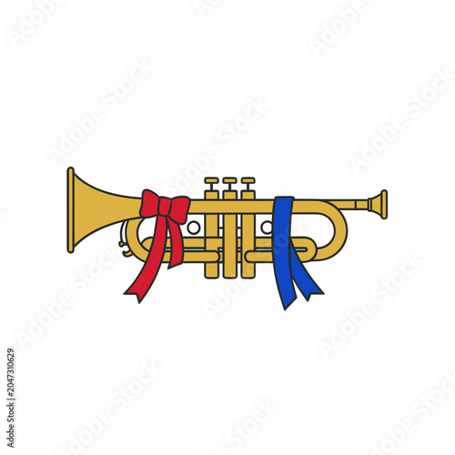 Trumpet Musical Instrument Icon with Red and Blue Ribbon Bow, Isolated Vector Illustration for Holiday or Celebration Design