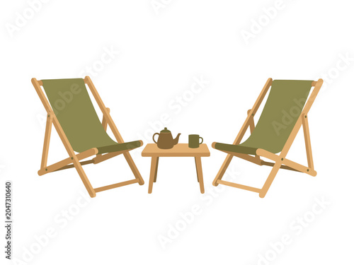 Two Olive Green Deck Chairs with Small Wooden Table and Teapot, Isolated Vector Illustration for Relaxation or Outdoor Cafe Concept