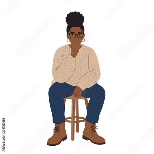 Woman Sitting on Stool Thinking Hand on Chin Vector Illustration, Isolated Transparent Background for Web and App UI