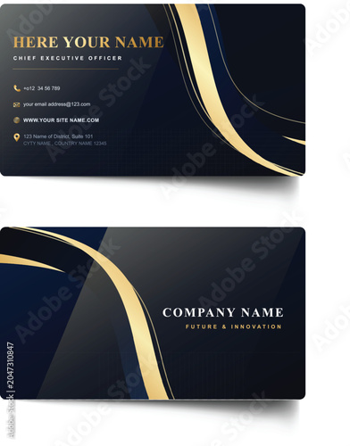 Luxury corporate business card vector template with golden abstract wavy curves on dark navy blue background