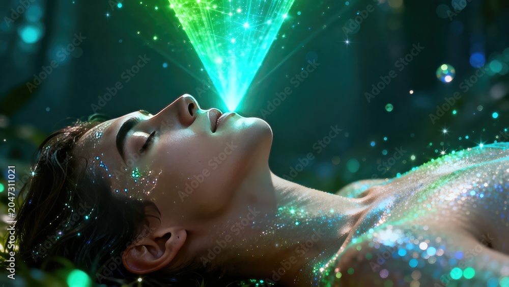 Fototapeta premium Woman lying under glowing green light pyramid. Magical energy flowing into head. Spiritual meditation and supernatural healing. Esoteric fantasy concept with sparkles in darkness.