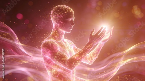 Man composed of glowing light particles holding shining energy in palm. Digital character manifestation, spiritual awakening and zen meditation concept. Abstract futuristic human soul energy.