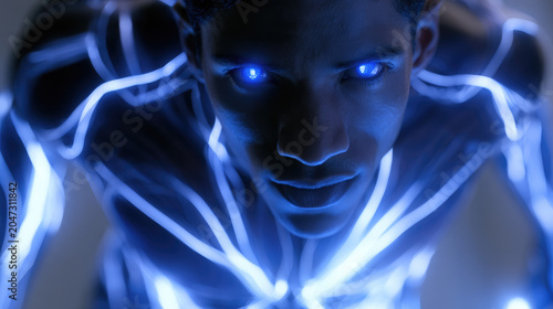 Man with glowing blue circuits on skin and eyes. Futuristic cyborg concept with digital energy flowing through human body. Sci-fi portrait representing artificial intelligence integration.