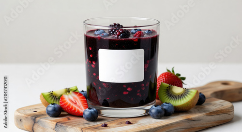 Glass of fresh forest berry smoothie with blank label on wooden board. Fruit cocktail made of strawberry, blueberry, blackberry and kiwi. Healthy drink for diet and detox menu.