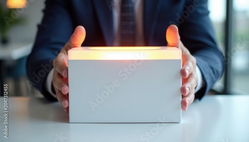 Businessman holding a glowing white box on his office desk. Professional executive presenting a mysterious light cube. Innovative product launch and creative business vision concept.