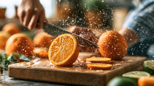 Woman cook cutting orange with knife. Fresh citrus fruit with water splash on wooden board. Organic food preparation in kitchen. Nutrition, healthy eating, cooking process and lifestyle.