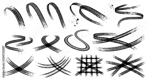 Tire tread marks after skidding, launch, drift, powerslide in motorsport, rally, off-road, motocross. Wheel texture with splash effect. Vector, transparent background PNG version.