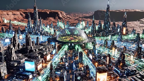 A futuristic cityscape with sleek skyscrapers and neon lights set against a desert landscape