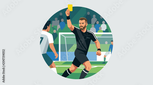 A modern minimalist vector illustration showing a stylized soccer referee holding a yellow card in a stadium during a soccer match with players and spectators.