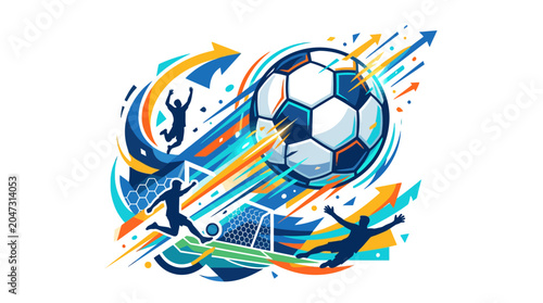 Premium flat vector illustration of a goalkeeper diving to catch a soccer ball in a dynamic sports scene with motion lines and vibrant colors.