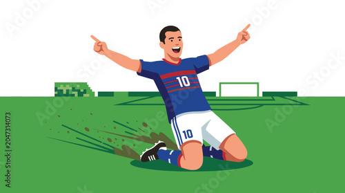 A man in a blue jersey celebrates a sports victory on a green field with his arms raised in triumph and a trophy cup nearby.
