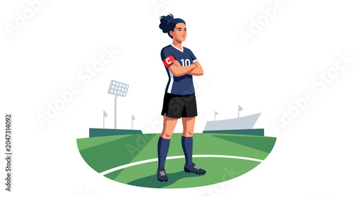 A premium flat vector illustration of a confident referee standing on a green soccer field with stadium lights and a large crowd in the background at night.