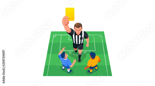 A soccer referee showing a yellow card to a player on a green field during a sports game with spectators.