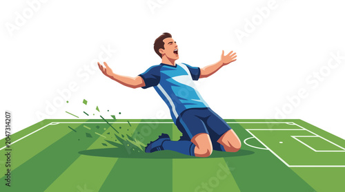 A soccer player celebrates a goal on a green field with arms outstretched in a joyful moment of triumph.
