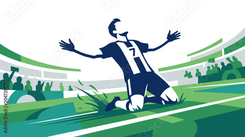 A professional vector artwork depicting a referee holding up a card on a soccer field with a stadium background and players.