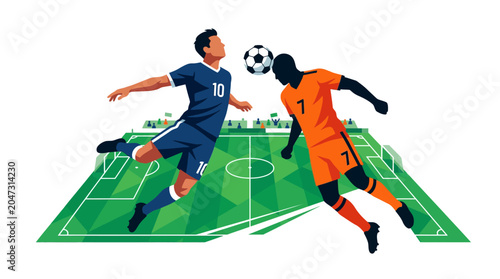 Two soccer players in action kicking a ball on a green field with white lines during a daytime outdoor sports event.