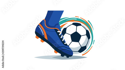 A professional vector artwork depicting a soccer team's captain wearing cleats kicks a ball with skill and precision on a field.