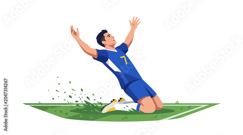 A dynamic modern minimalist vector illustration shows a man celebrating on a green field with arms outstretched in a joyful emotion during a sports event.