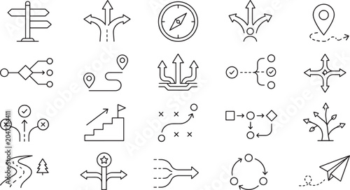 Set of navigation and pathfinding line icons