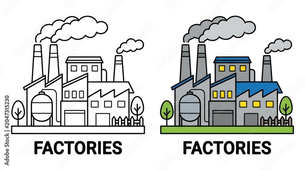 Fototapeta premium Industrial Factory Illustration Black and White and Color Versions.