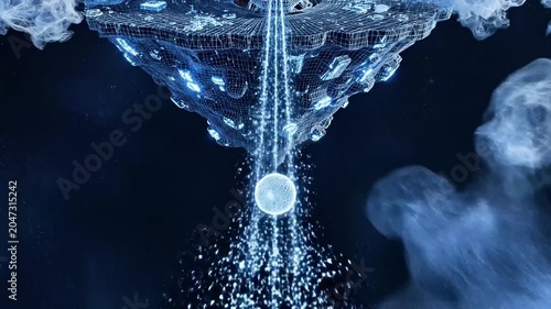 A futuristic structure rises from a cloudy surface, emitting a beam of light