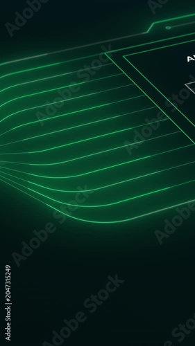 Close up vertical view of green generative AI interface showing digital text lines flowing into multimedia asset creation panels.