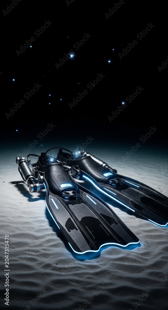 Naklejka premium Futuristic bioluminescent diving fins resting on dark ocean sand floor