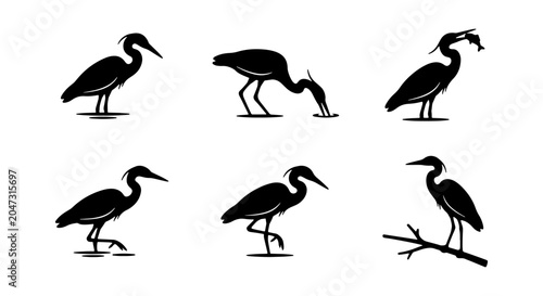 Tableau sur toile Heron Silhouette Icons, Bird Vector Graphics, Wildlife Collection, Nature Elemen
