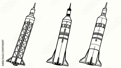 Foto Space rocket launcher vehicles line art set with launcher aviation aerospace