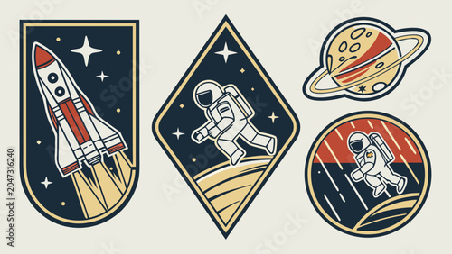 Space mission badges and astronaut emblems set with astronaut, cosmonaut