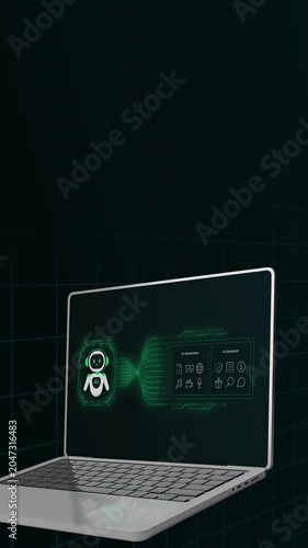 Side view portrait of laptop computer running automated generative AI multimedia platforms with green network data display.