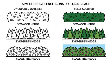Simple Hedge Fence Icons Coloring Page with Uncolored and Fully Colored Outlines.
