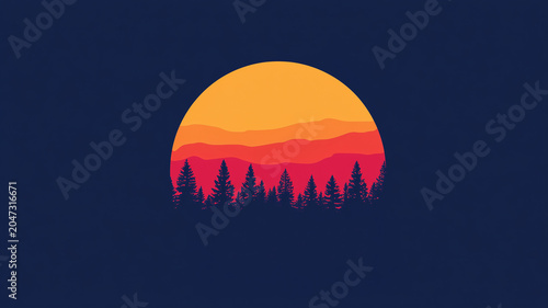 Minimalist illustration of a pine forest silhouette against a large sun and mountains.