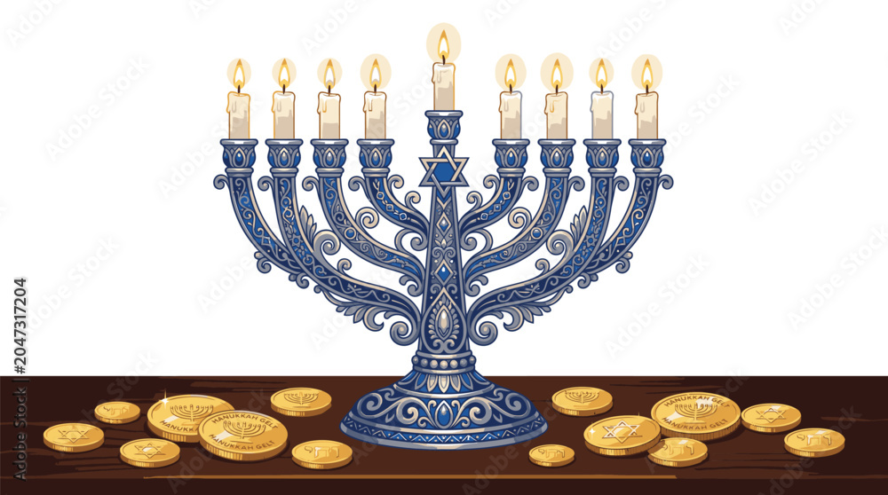 Fototapeta premium Blue Menorah With Gold Coins.