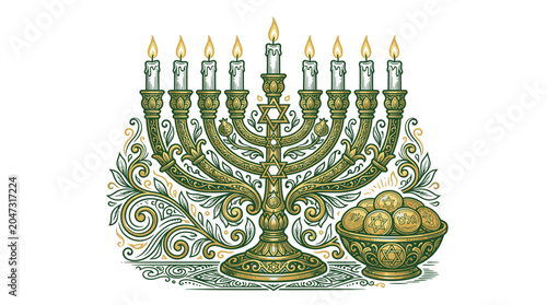 Cuadro en lienzo Menorah with nine lit candles.